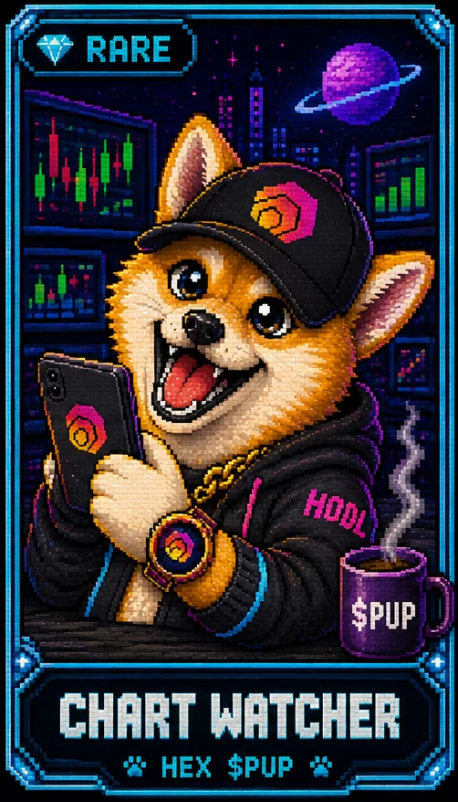 Chart Watcher trading card, Rare rarity — pixel-art Shiba Inu checking charts on a phone surrounded by trading screens