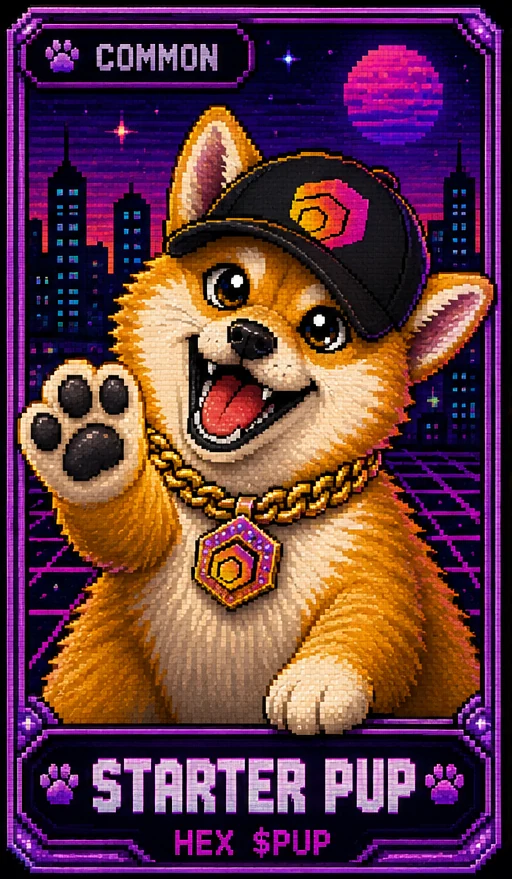 Starter Pup trading card, Common rarity — pixel-art Shiba Inu waving in a cap and gold chain